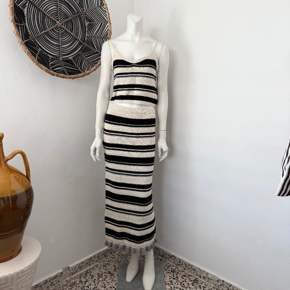 Striped Knit Tank and Maxi Skirt Set - Black & Cream